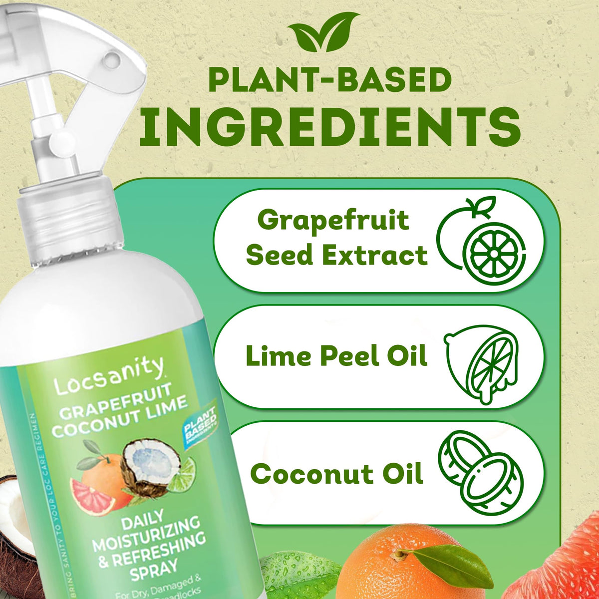 Locsanity ingredients display with rosewater and citrus illustrating natural hydration