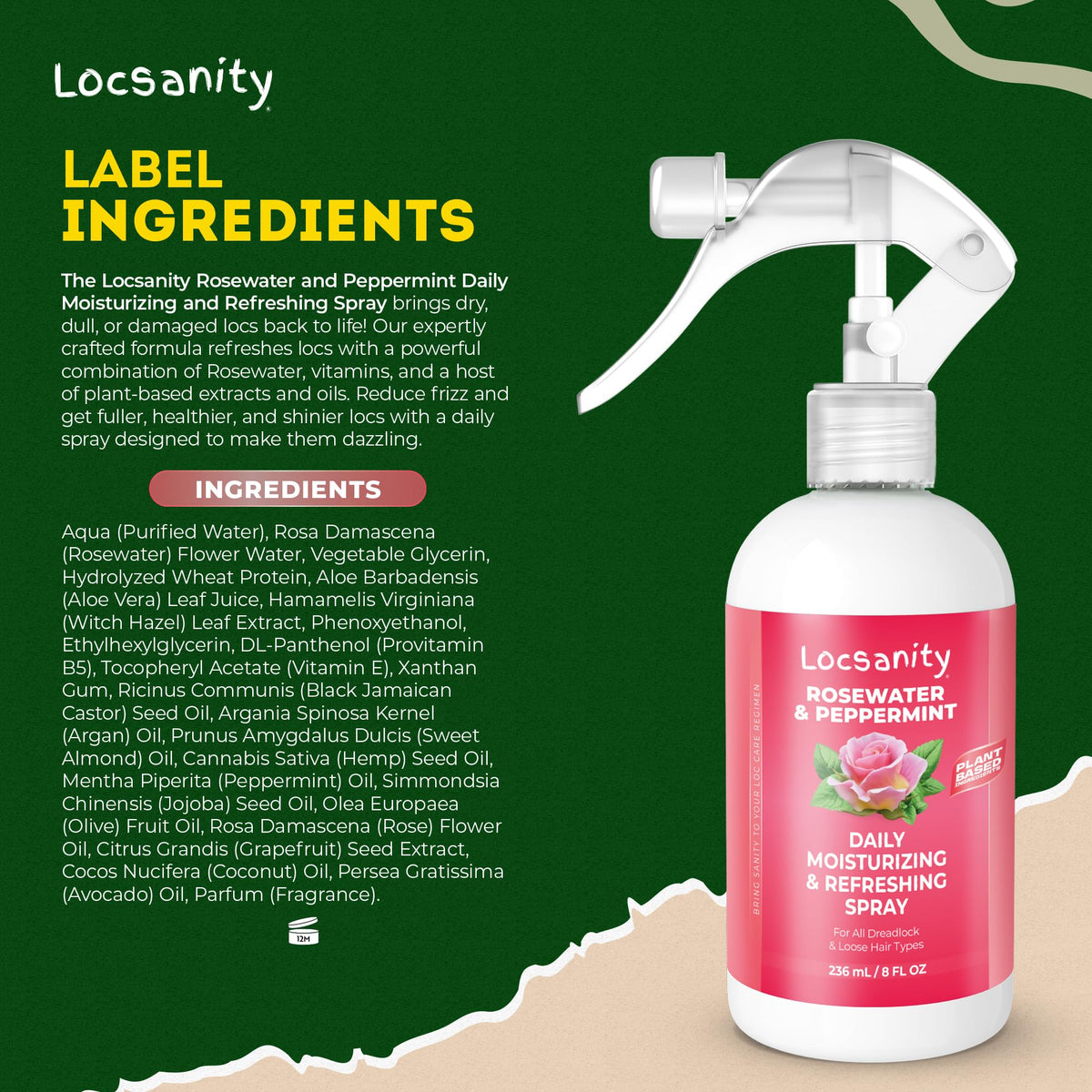 Locsanity label detail showing ingredient list and usage instructions benefit clarity