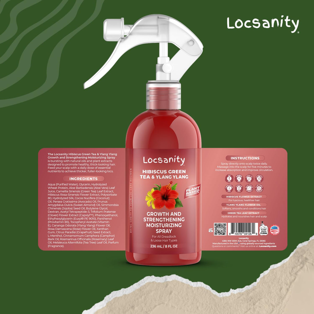 Locsanity bottle on bathroom shelf with plants, evokes daily routine and freshness benefit