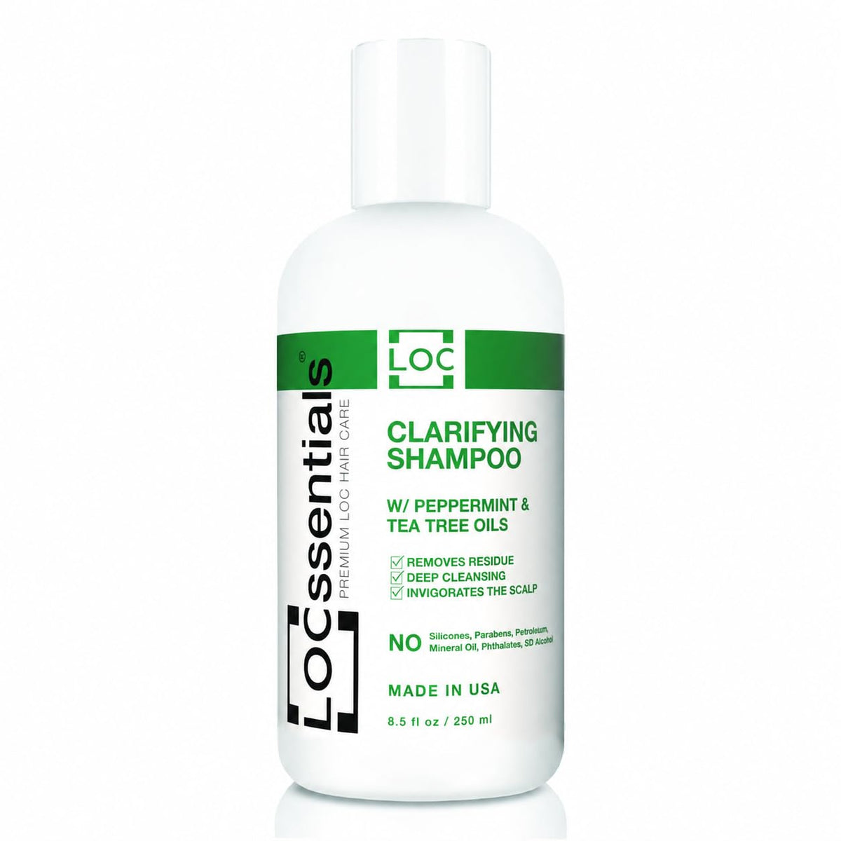 LOCssentials clarifying shampoo front bottle showing clean packaging and benefits