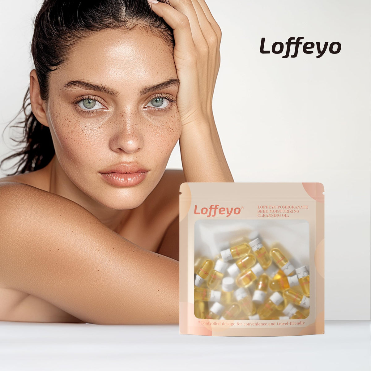 Loffeyo single-use packet opened with 2ml oil poured into hand demonstrating easy dosing benefit