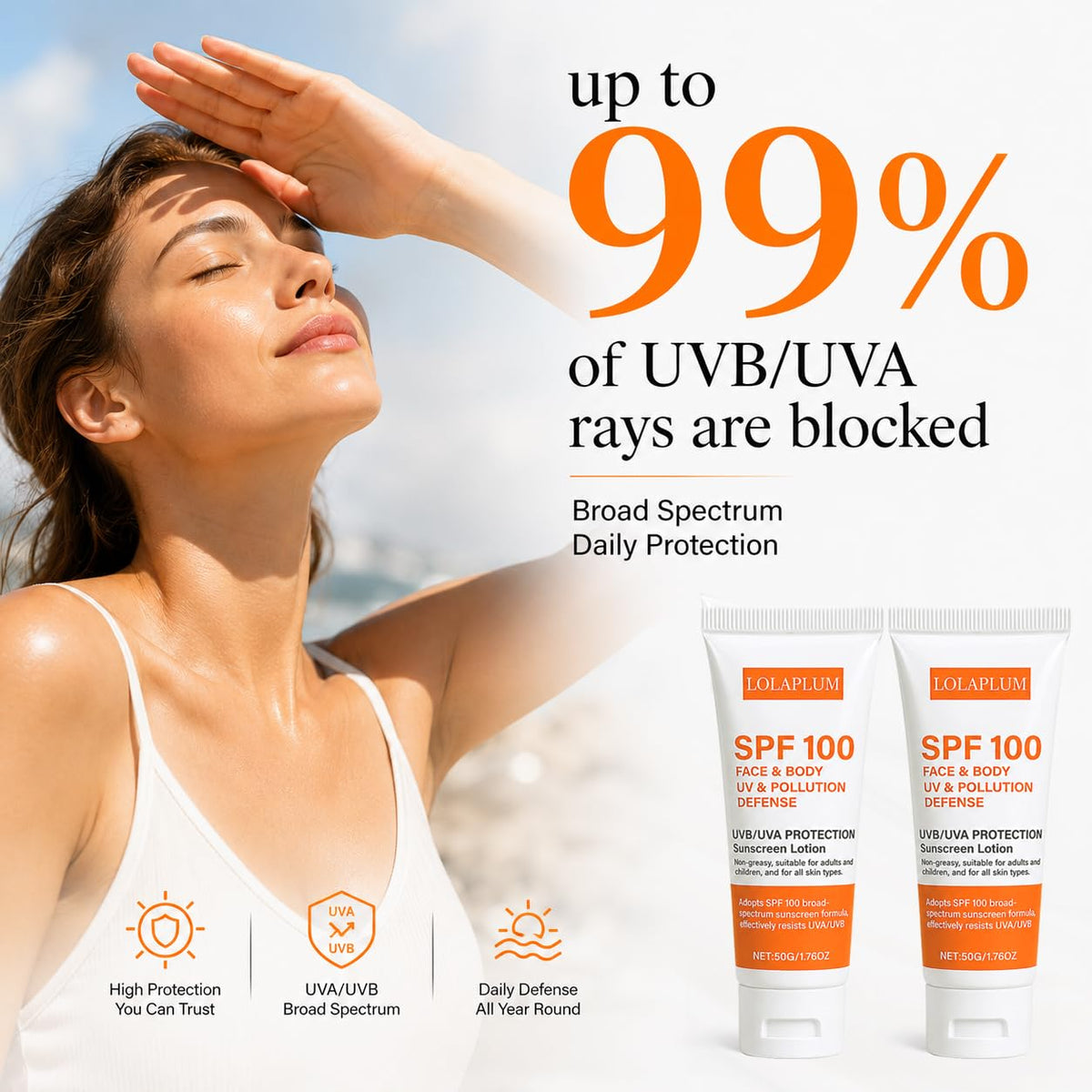 LOLAPLUM applying sunscreen to face demonstrating non-greasy, makeup-friendly benefit