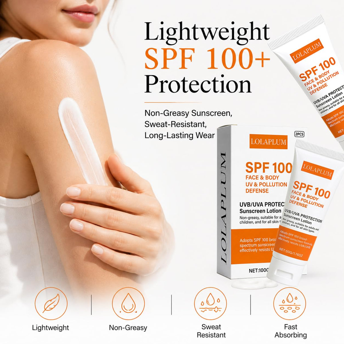 LOLAPLUM spreading sunscreen on arm showing full-body coverage and smooth finish