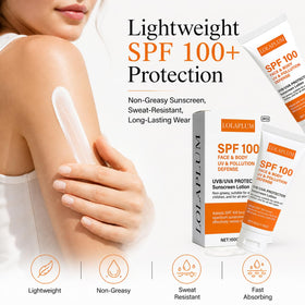 LOLAPLUM spreading sunscreen on arm showing full-body coverage and smooth finish