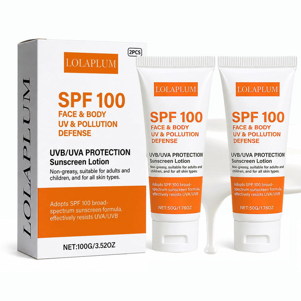 LOLAPLUM front packaging showing SPF 100 travel two-pack and clear labeling benefit