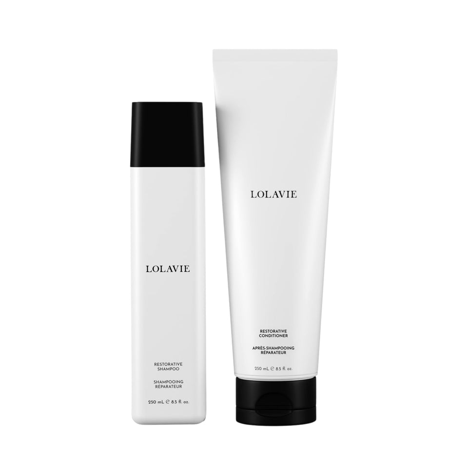 LolaVie restorative duo front packaging showing bottles and benefits