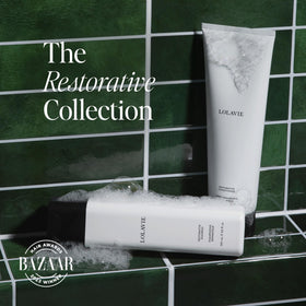 LolaVie shampoo pump close-up demonstrating easy dispensing benefit