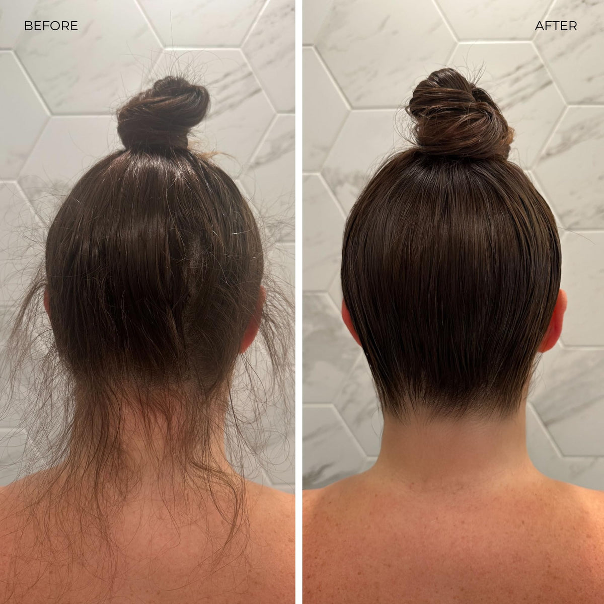 LolaVie sculpting paste before and after on dry hair illustrating reduced frizz and matte texture