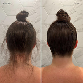 LolaVie sculpting paste before and after on dry hair illustrating reduced frizz and matte texture