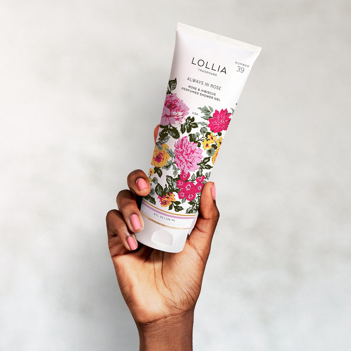 LOLLIA in-shower lifestyle scene suggesting a fragrant, relaxing routine
