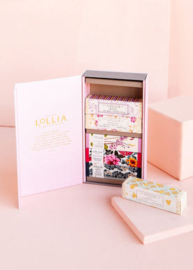 LOLLIA gift box front view showing elegant gold-accented packaging and six mini tubes for attractive gifting