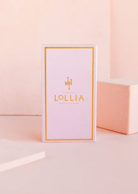 LOLLIA six tubes flatlay highlighting fragrance variety and compact sizes for travel-friendly convenience