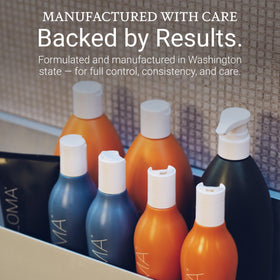 Loma shampoo on bathroom shelf styled, suggests everyday routine convenience