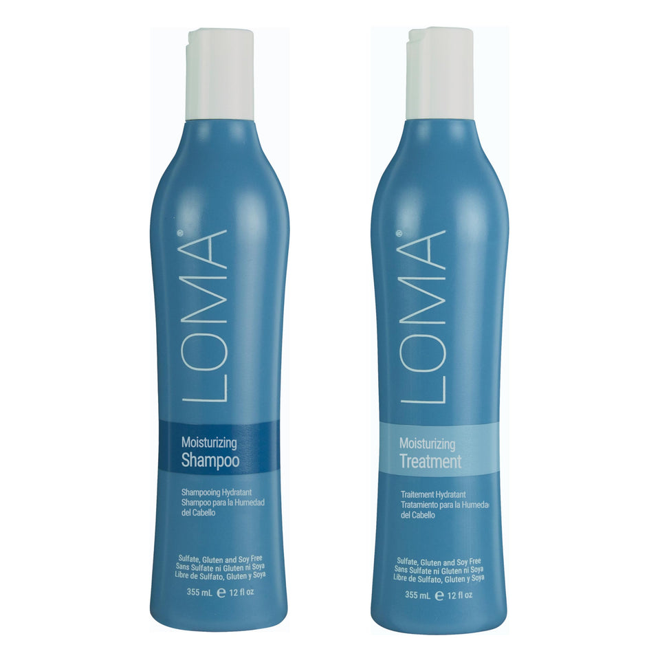 Loma front packaging showing both 12 oz moisturizing shampoo and treatment, highlights complete routine