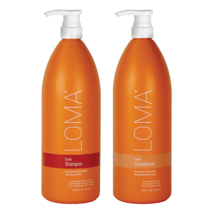 Loma duo pack front packaging showing both 33 oz bottles and labels, promotes gentle daily care