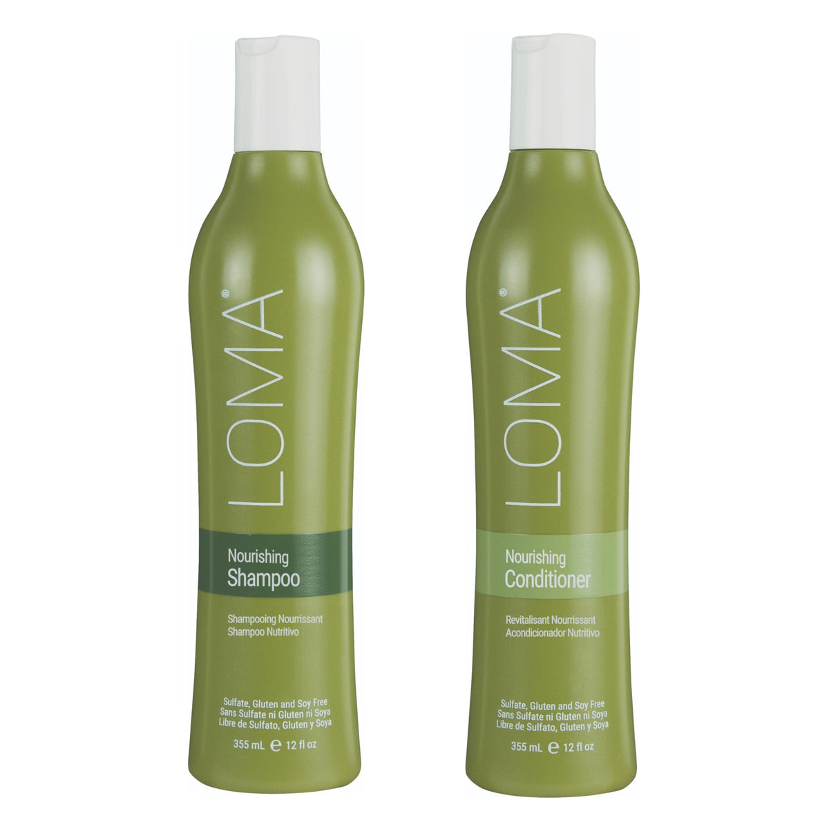 LOMA front packaging showing both 12oz shampoo and conditioner, professional presentation benefit