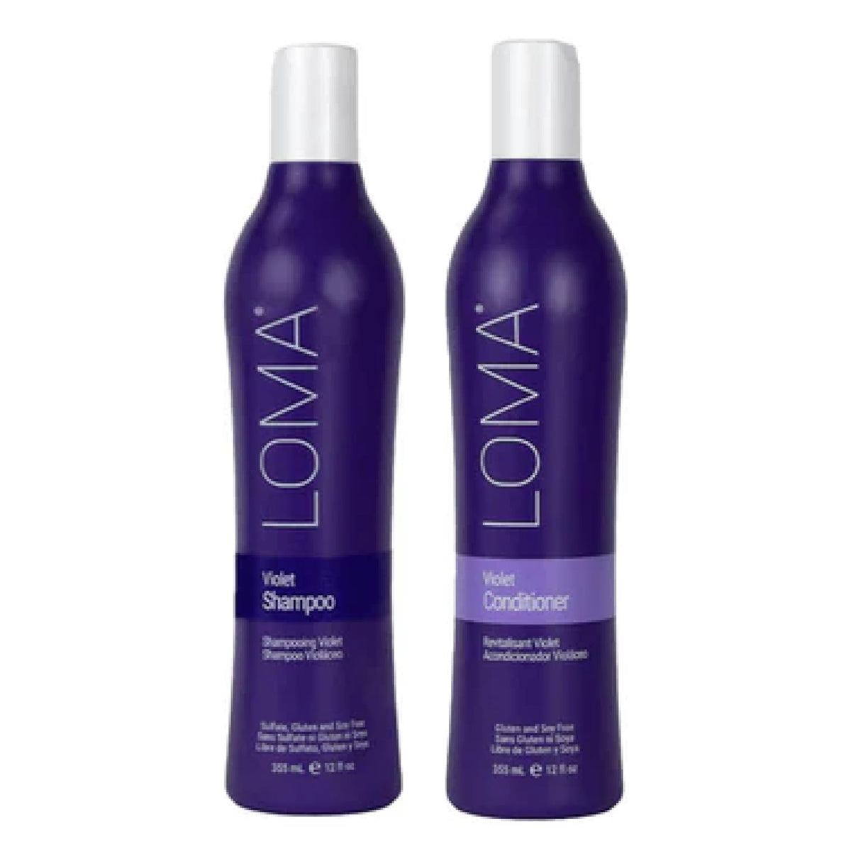 Loma front packaging showing twin violet shampoo and conditioner, brightening benefit