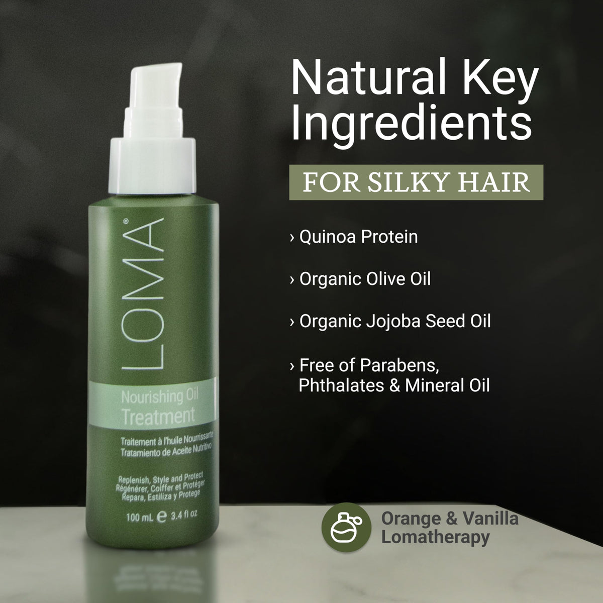 Loma oil in hands applying to hair illustrating easy, non-greasy application benefit