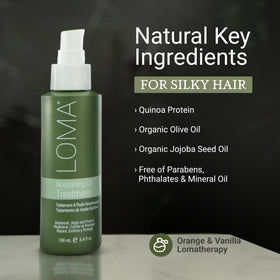 Loma oil in hands applying to hair illustrating easy, non-greasy application benefit