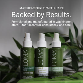 Loma oil size scale beside 3.4 fl oz bottle for clear dimension and travel-friendly benefit