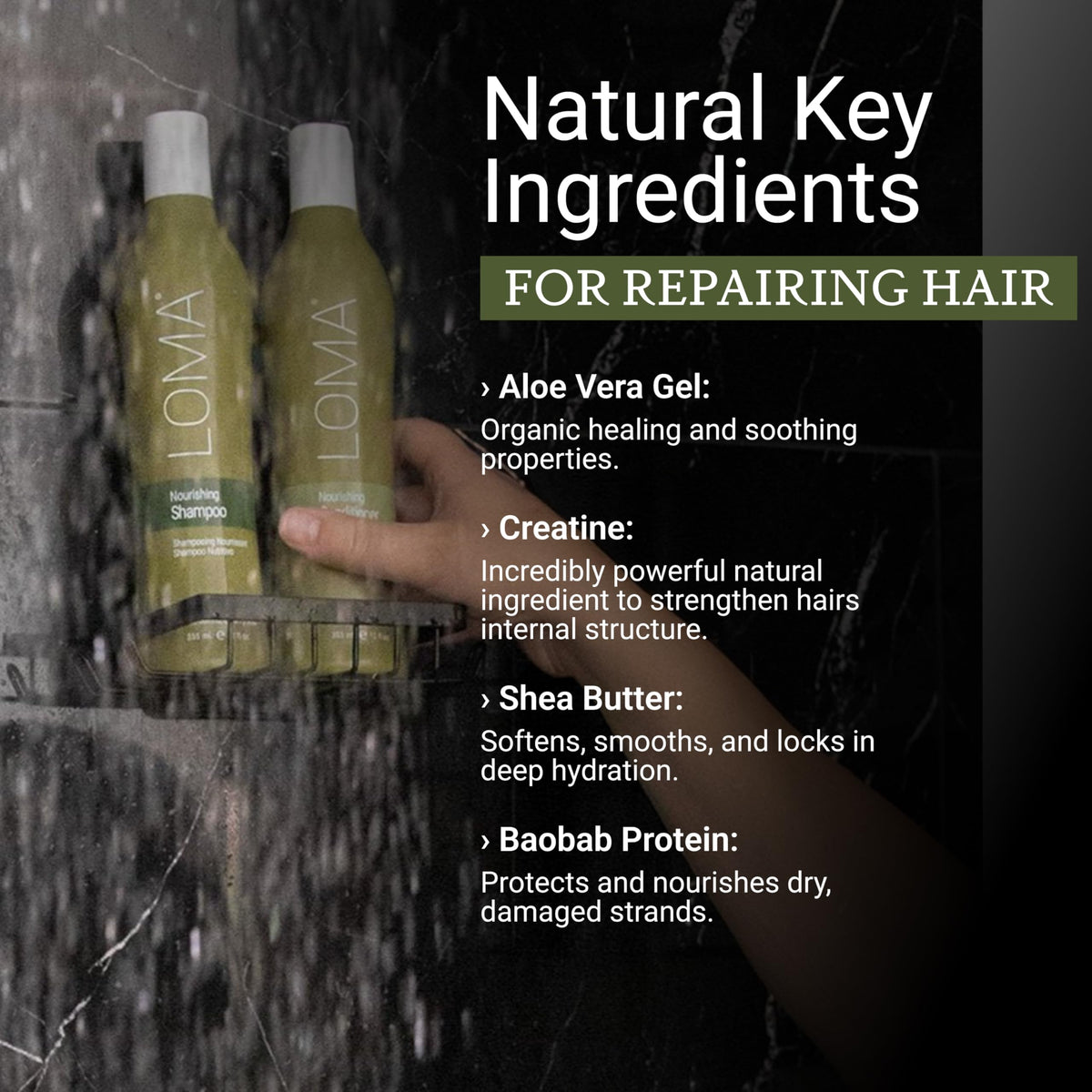 LOMA shampoo pump close-up highlighting easy dispensing and controlled usage benefit