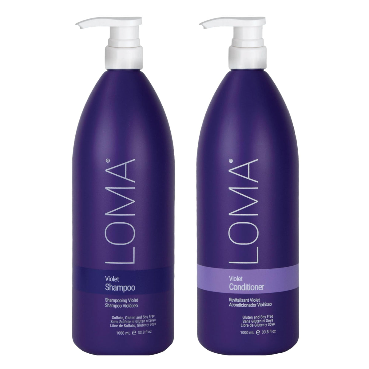 Loma violet duo front packaging showing both 33.8 fl oz bottles and branding benefit tone control