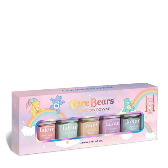 LONDONTOWN front packaging showing all five Care Bears mini bottles, collectible and cheerful