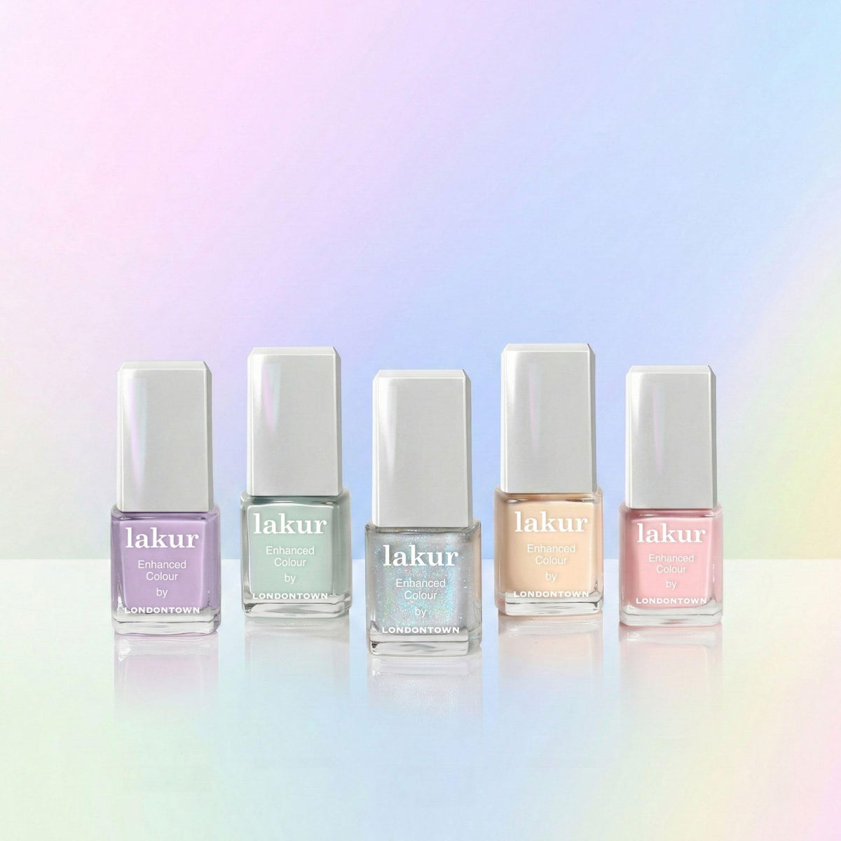 LONDONTOWN full shades lineup flatlay with pastel to shimmer selection, easy color comparison