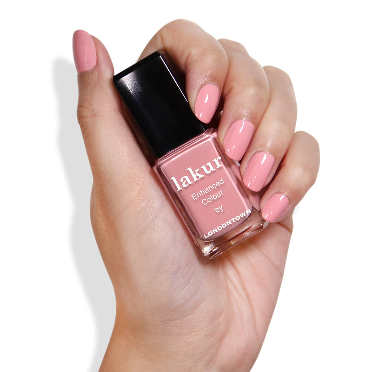 Hand swatch of LONDONTOWN Desert Flower on nails showing gel-like shine and even coverage