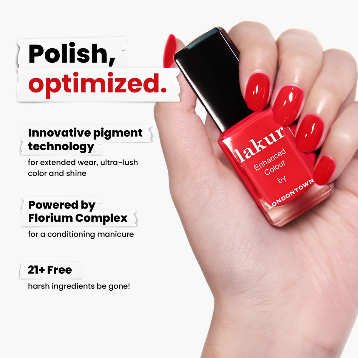 LONDONTOWN Lakur bottle paired with Kur base and top coats showing strengthened nail system benefit