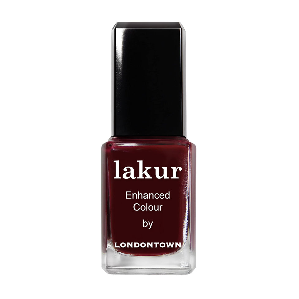 LONDONTOWN front bottle shot showing Elderberry Red and glossy finish benefit