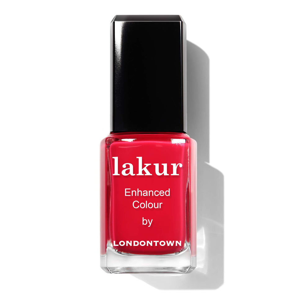 LONDONTOWN Lakur Guilty Pleasure front bottle showing deep cherry red and label, high-shine benefit