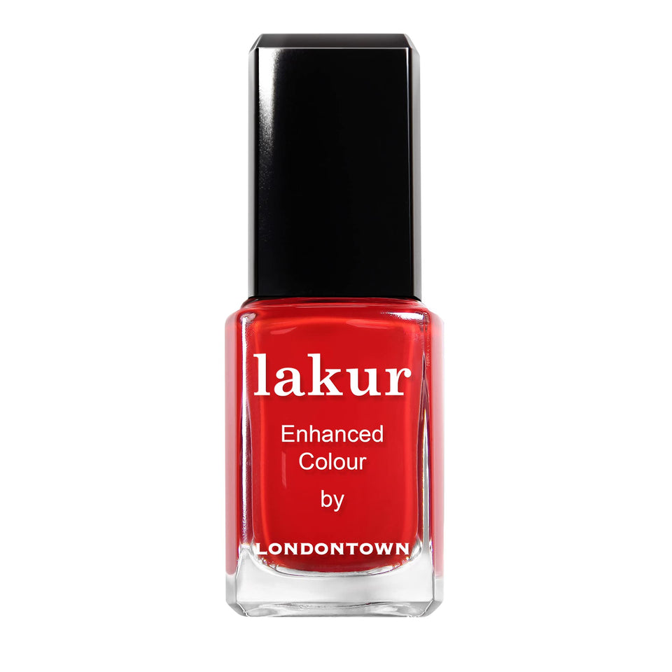 LONDONTOWN Lakur front packaging showing bold red polish and branding benefit: clear product identity
