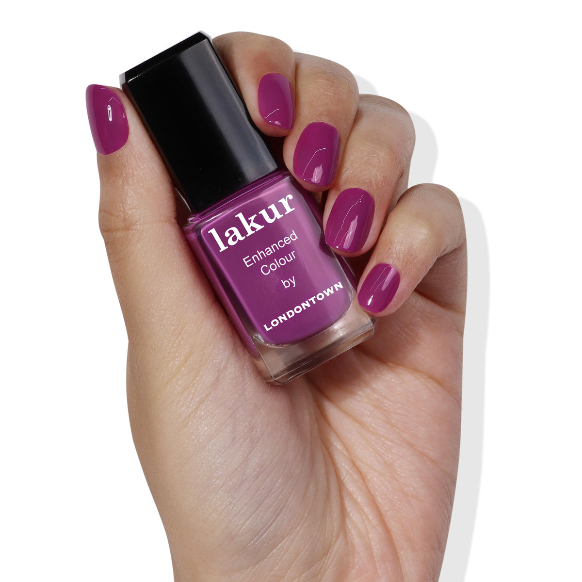 LONDONTOWN Lakur front bottle showing rich violet hibiscus color and glossy finish benefit