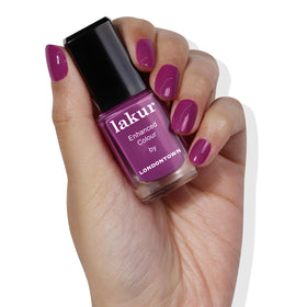 LONDONTOWN Lakur front bottle showing rich violet hibiscus color and glossy finish benefit
