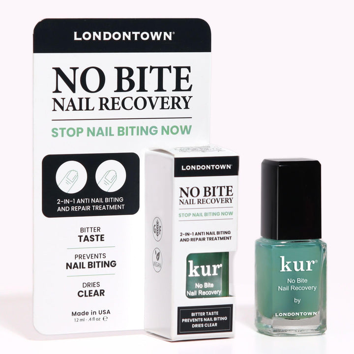 LONDONTOWN bottle front view showing clear anti-bite polish and label benefit