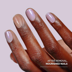 LONDONTOWN removing glitter polish on nail to show effective, gentle polish lift