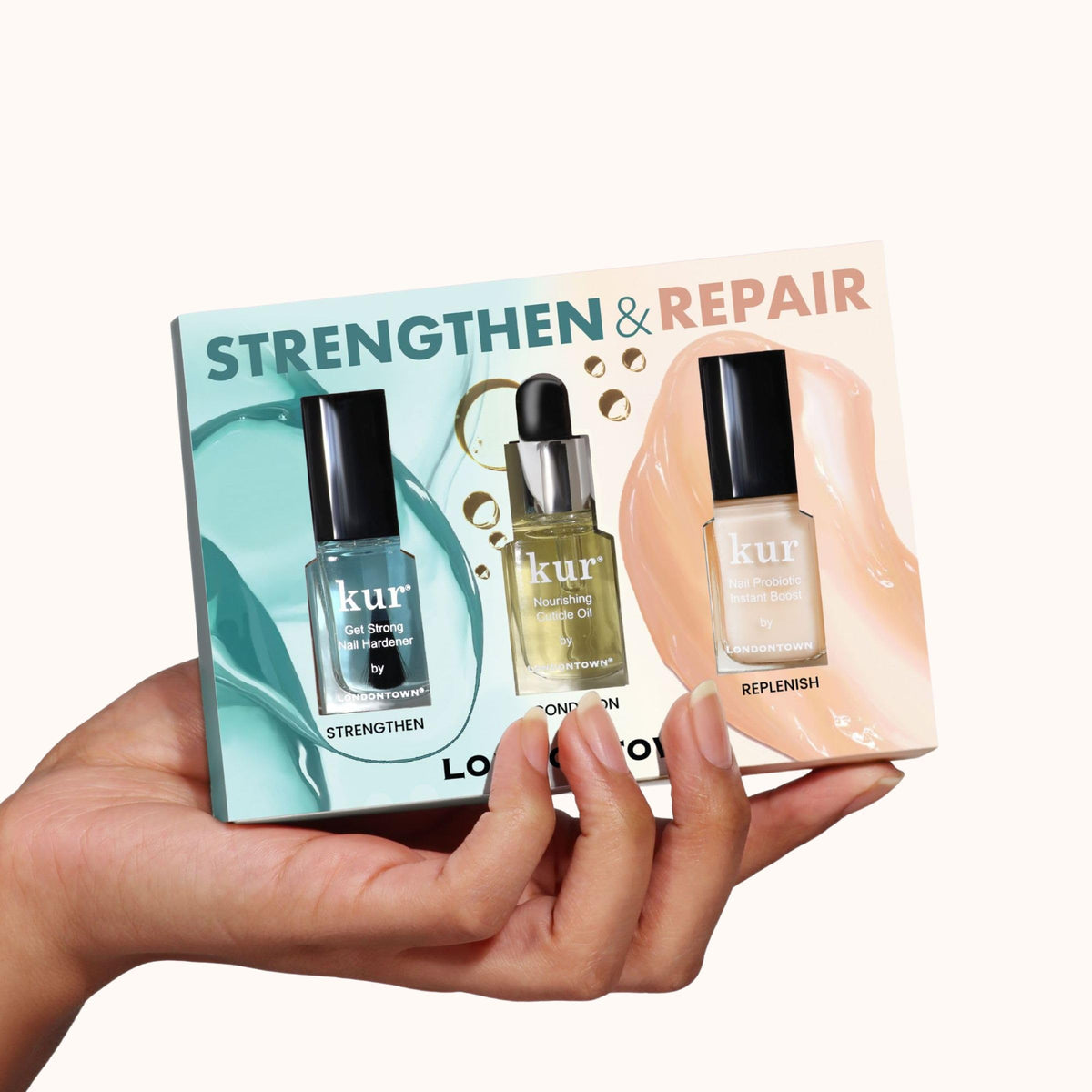 LONDONTOWN strengthen nail hardener bottle close-up highlighting formula support
