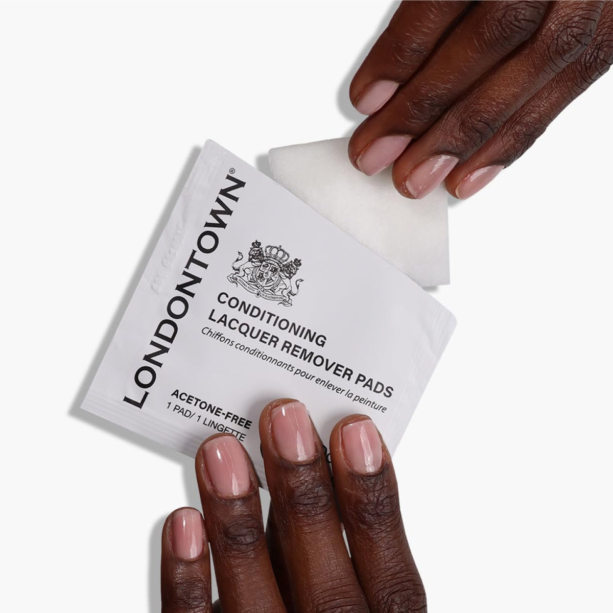 LONDONTOWN step‑by‑step usage showing press, hold, and wipe method for effective removal