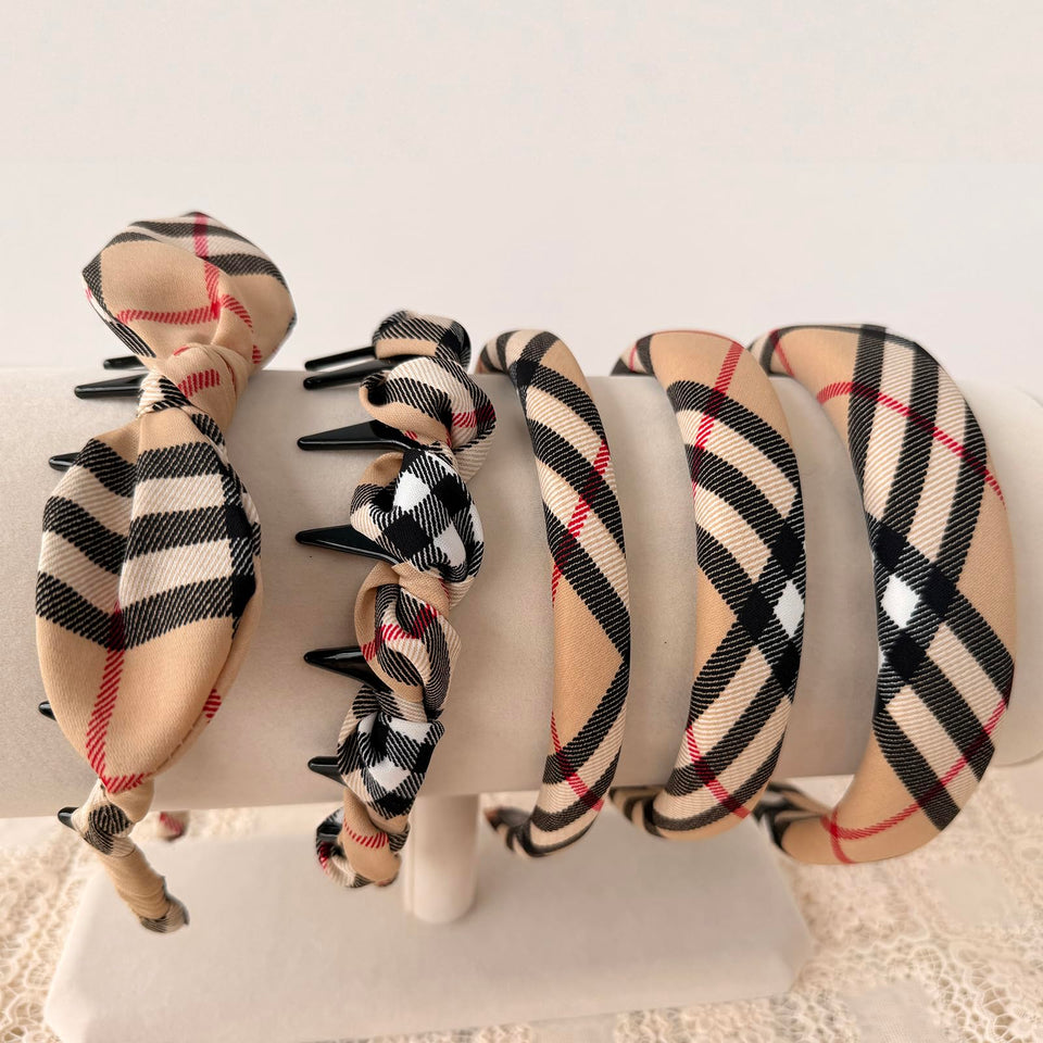 LONEEDY front view of five plaid headbands showing variety and coordinated styling benefit