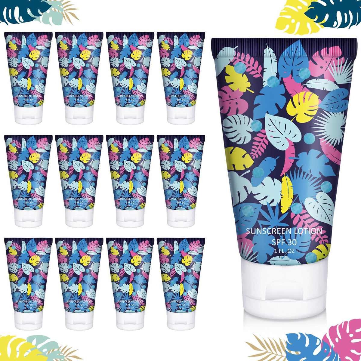 Loopeer front packaging of 30 mini sunscreens showing colorful tropical tubes and SPF benefit