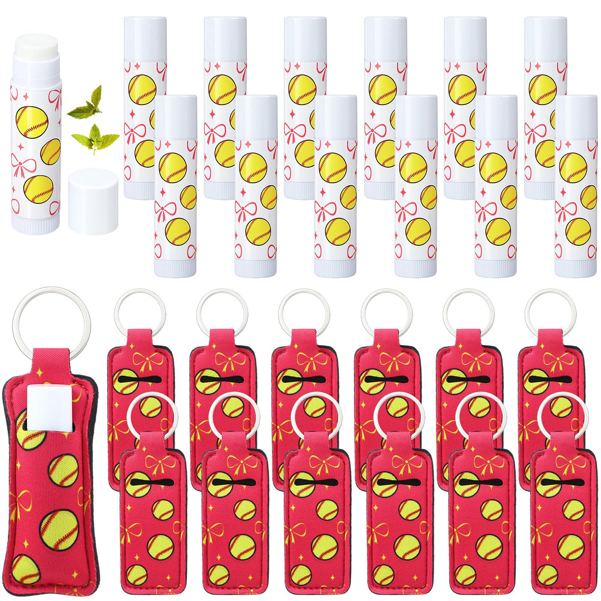 Loopeer front packaging with 24 softball-themed lip balms and keychains, great for team gifts