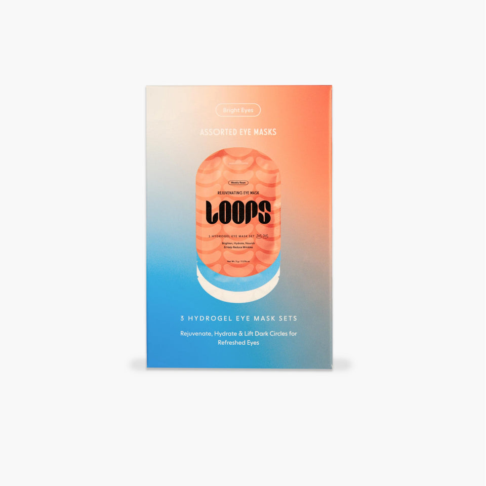 LOOPS front packaging showing three Bright Eyes masks and benefits