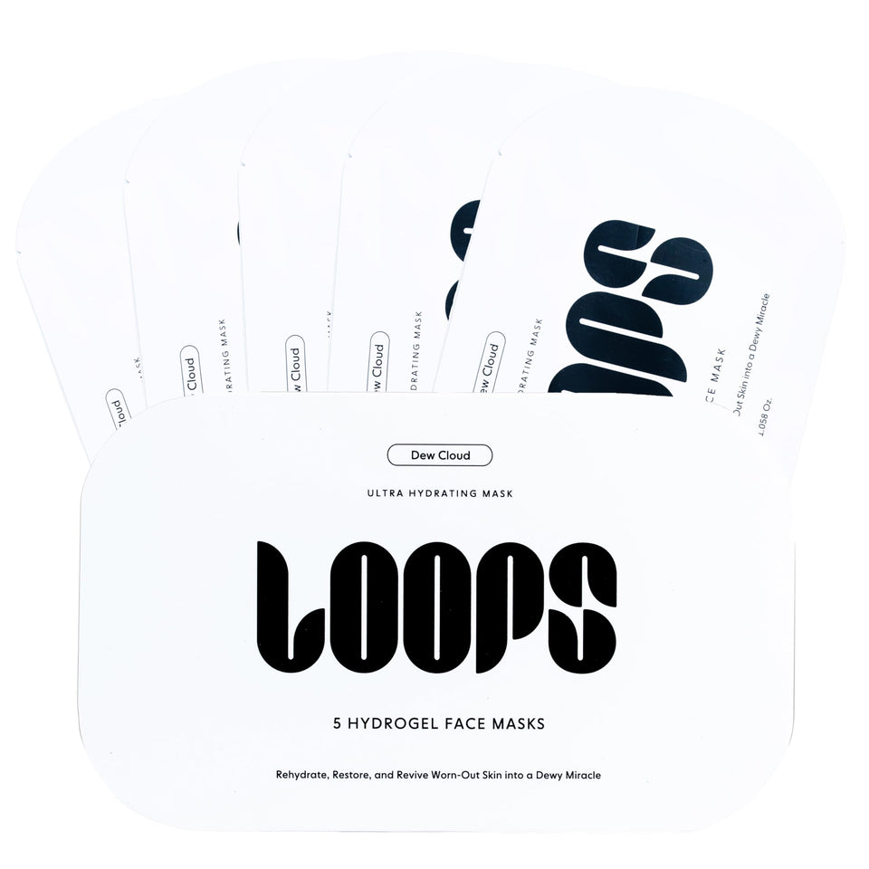 LOOPS front packaging showing five hydrating masks and product benefits