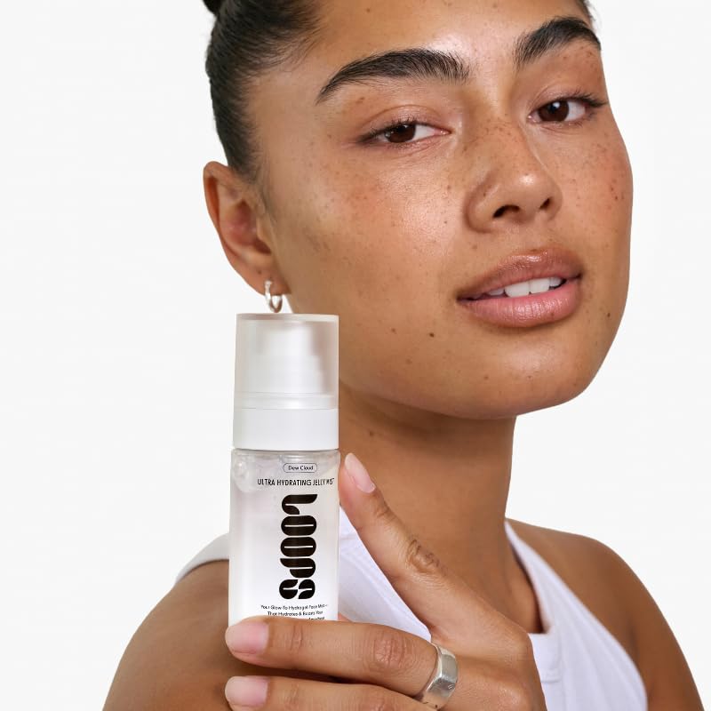 LOOPS Dew Cloud mist in use on face showing cooling spray and instant moisture boost