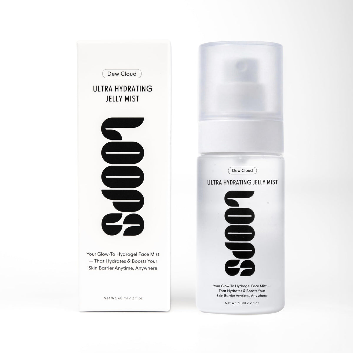 LOOPS Dew Cloud size scale next to hand to convey travel-friendly 1.7 fl oz portability