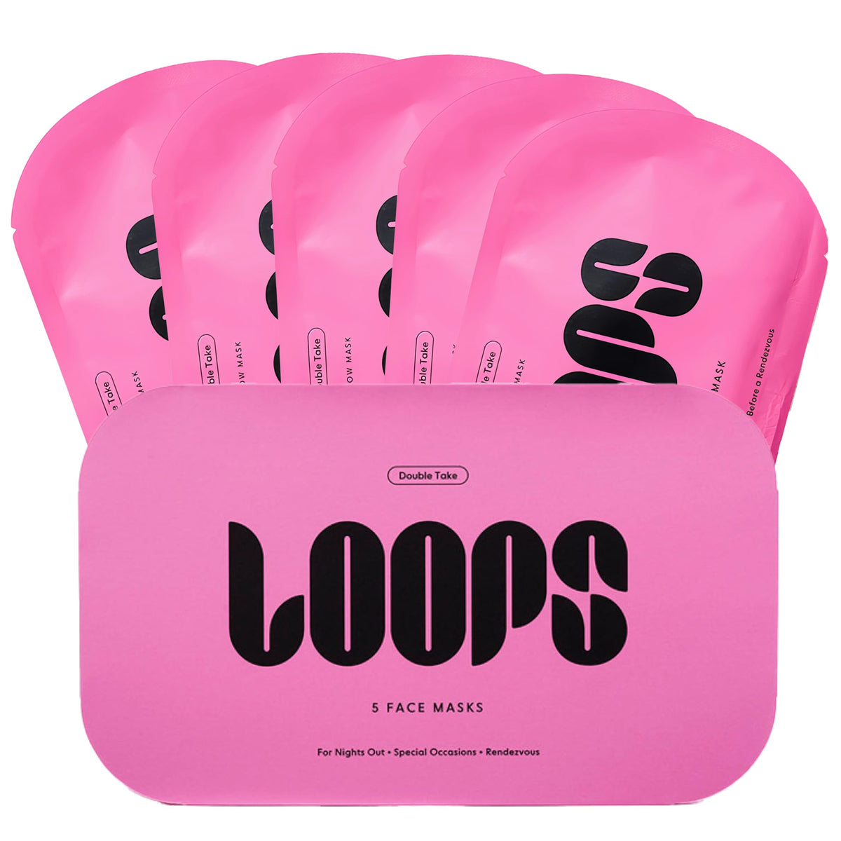 LOOPS front packaging showing five DOUBLE TAKE masks and benefits