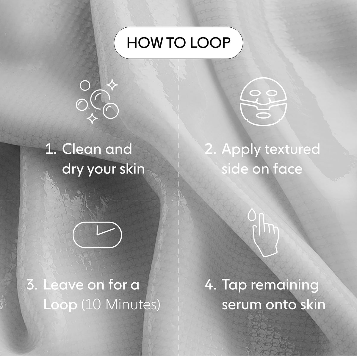 LOOPS serum texture on palm illustrating nourishing oils and lightweight finish for overnight hydration