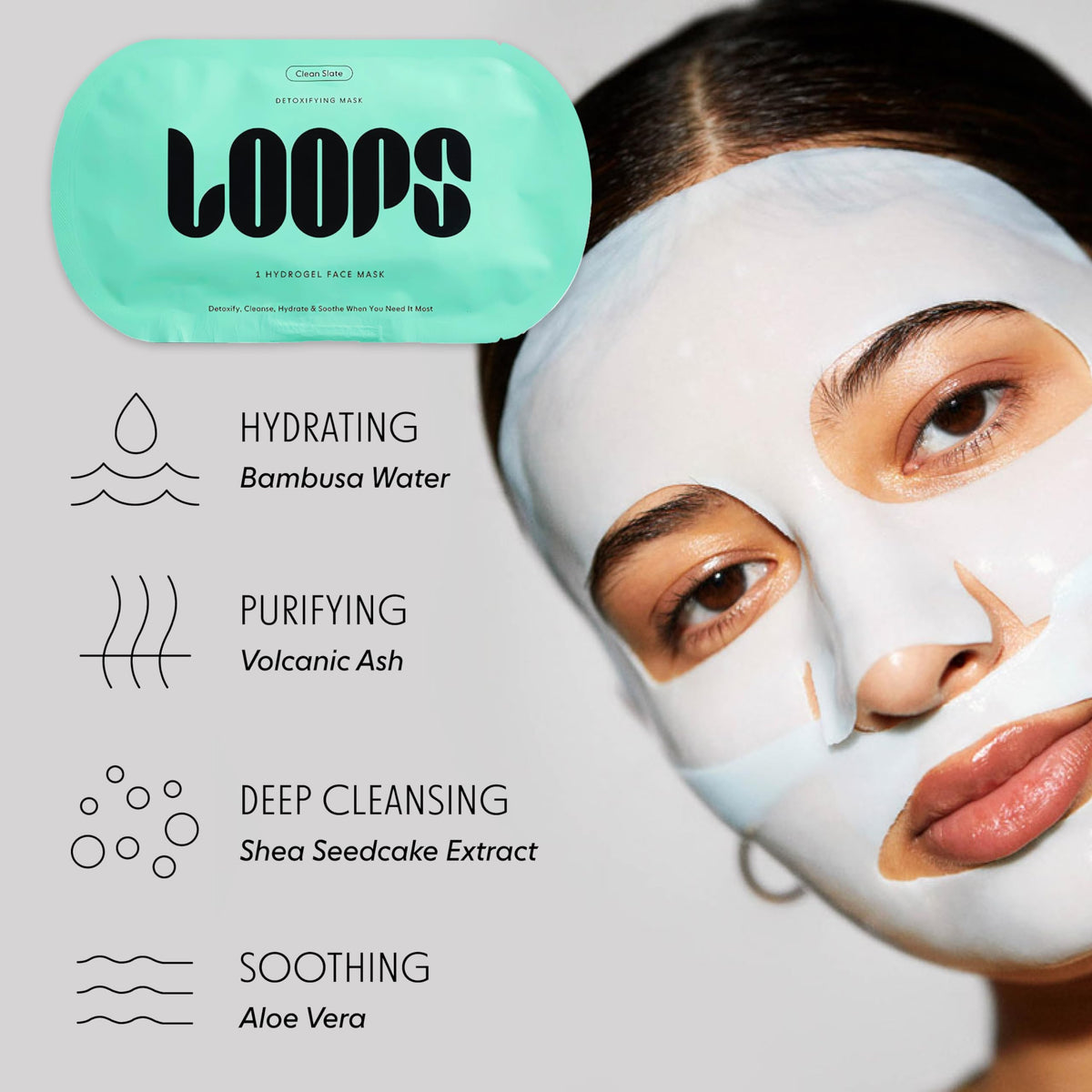 LOOPS five different masks laid out showing variety for multiple skin needs benefit