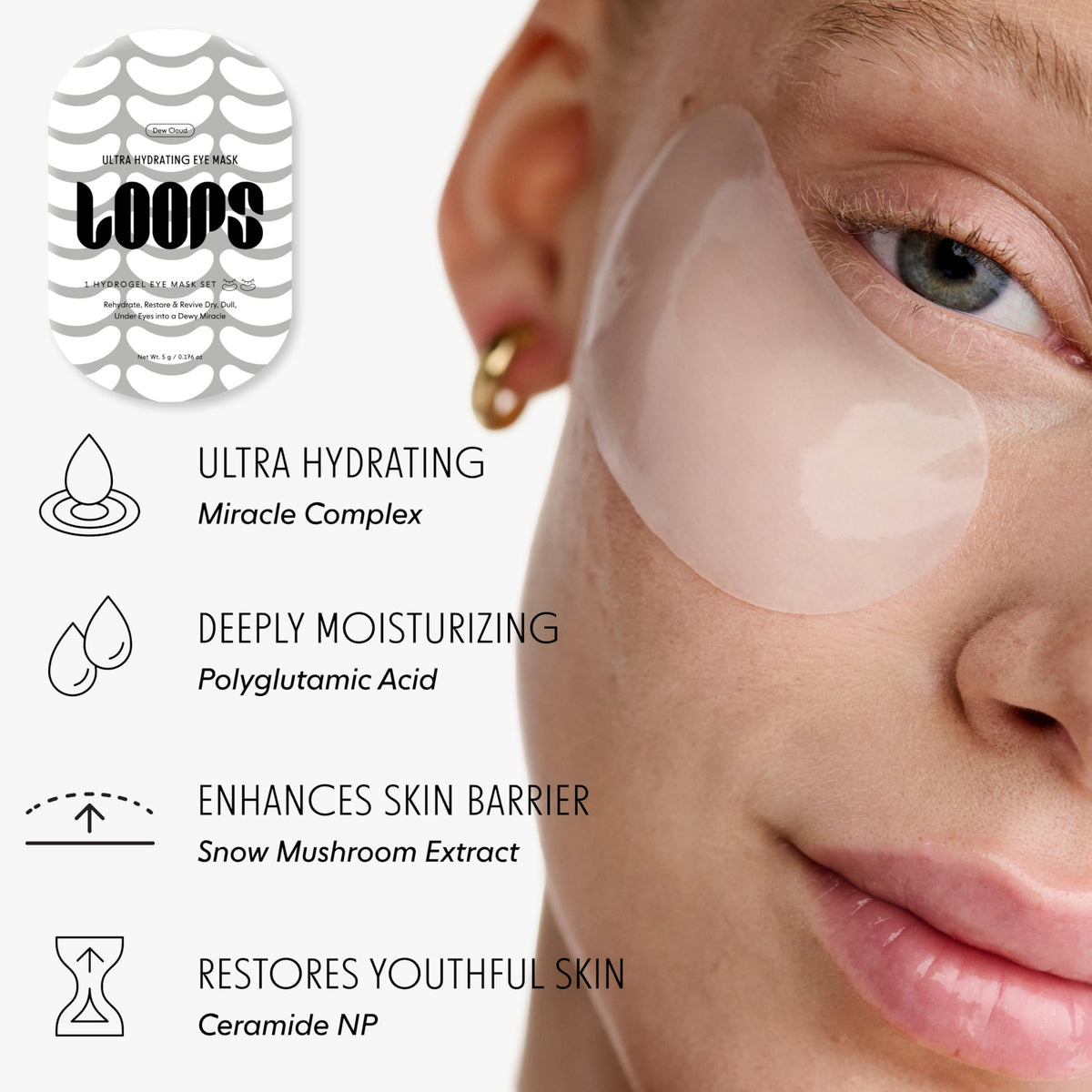 LOOPS Hyper Eyes mask applied under eye demonstrating brightening effect